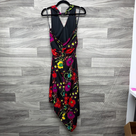 David Meister Halter Asymmetrical Dress Women's 10 Black Pink Floral Sleeveless - Picture 2 of 15